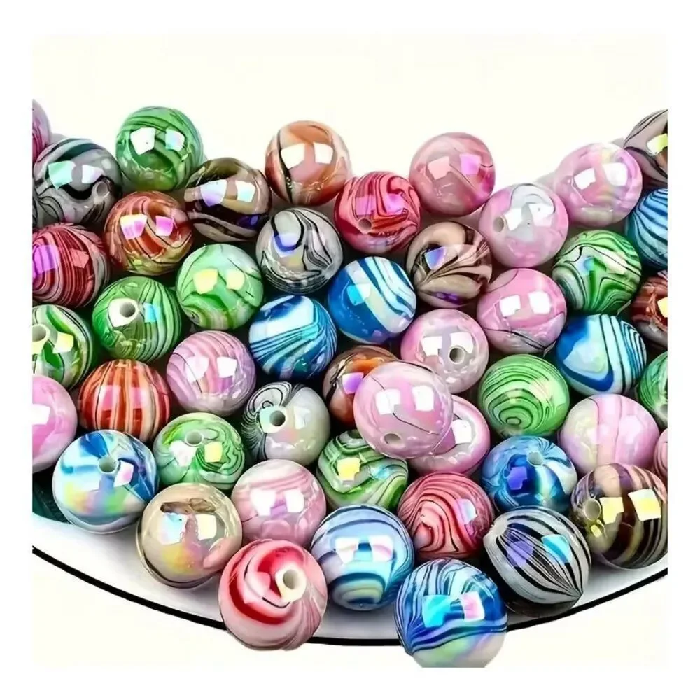 200 Multi-Colored Acrylic Beads Wood Grain Surface High Gloss Multi-Color 8mm
